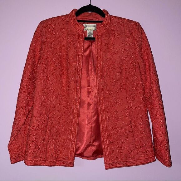 Victor Costa Size XS Linen Blazer Coral Red Embroidered Jacket - Picture 1 of 7